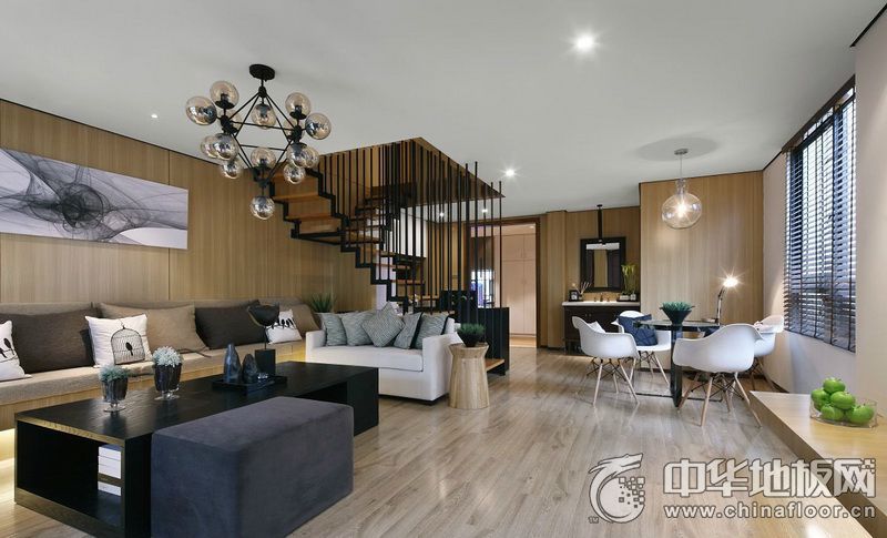 現(xiàn)代簡約風(fēng)格客廳淺灰色木地板裝修效果圖    復(fù)合木地板圖片